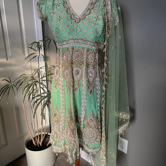 Mint green short anarkali with collar and open back - Picture 2 of 5